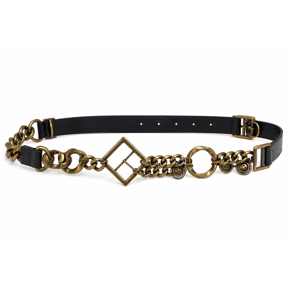 Zara Black Leather Chunky Antique Brass Chain Statement Belt 80 Geometric